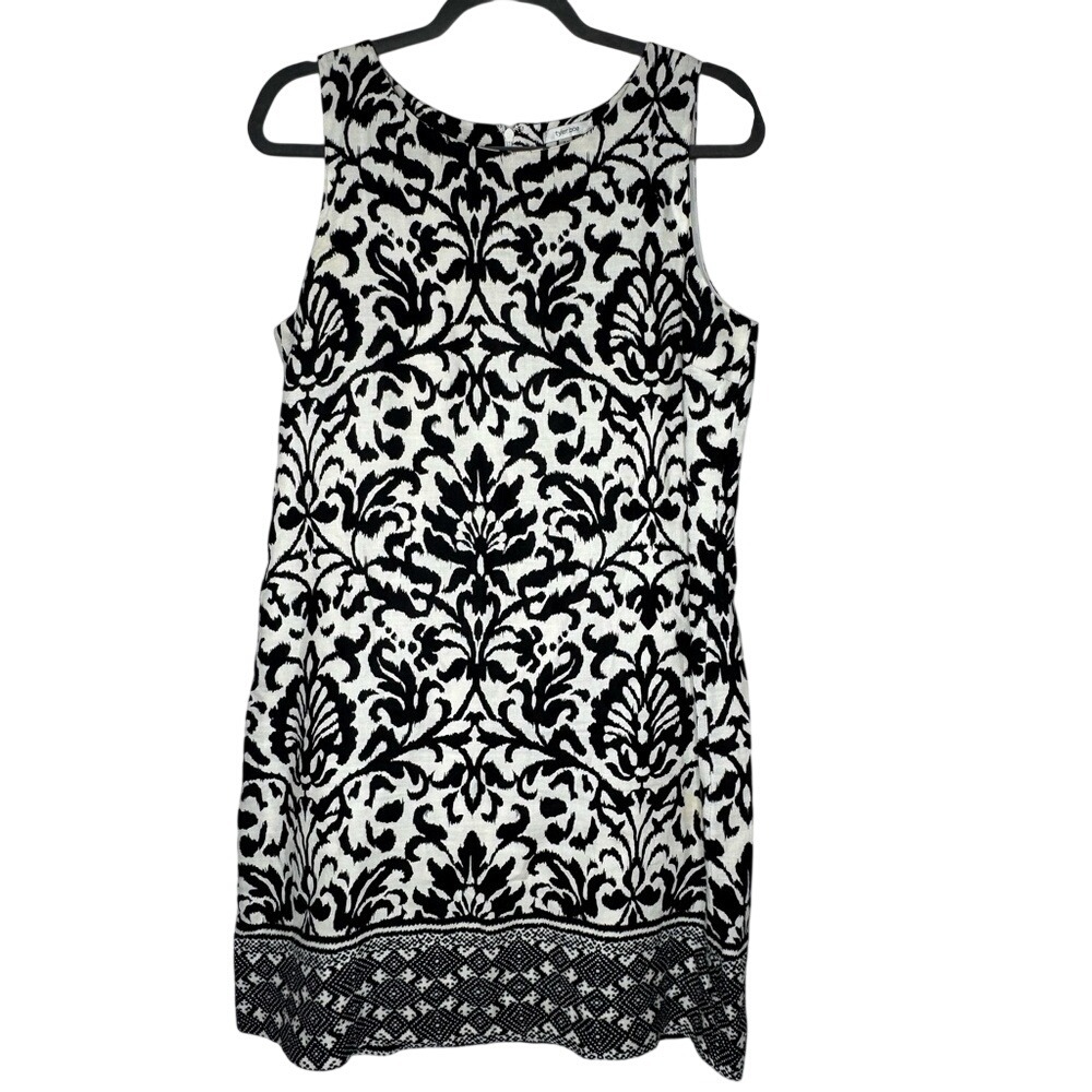 Tyler Boe Women Black White Paisley Sleeveless Linen Shift Dress Sz M Breathable